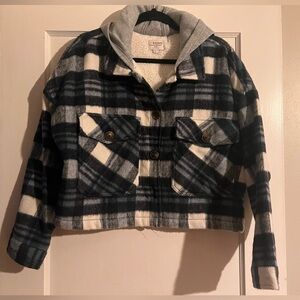 Ci Sono Cropped Plaid Jean Jacket - Blue and White